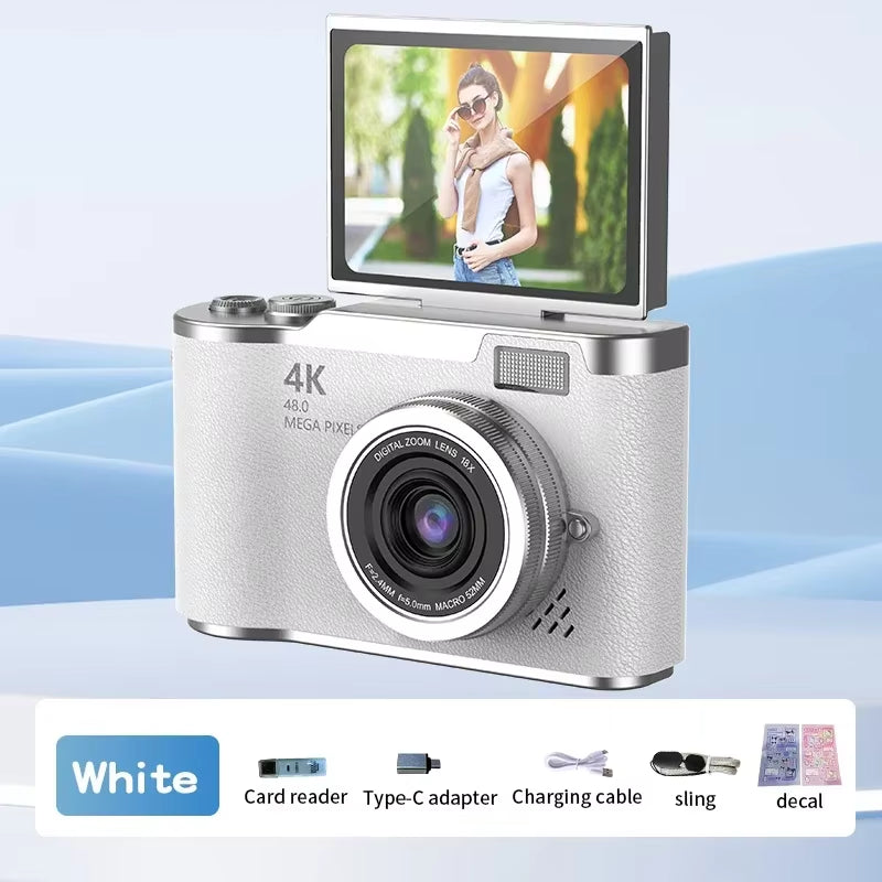 4K CCD Digital Camera for Student 48MP Compact Digital Photography Camera 180°Flip Screen Selfile Camera for Kid Adult Beginners