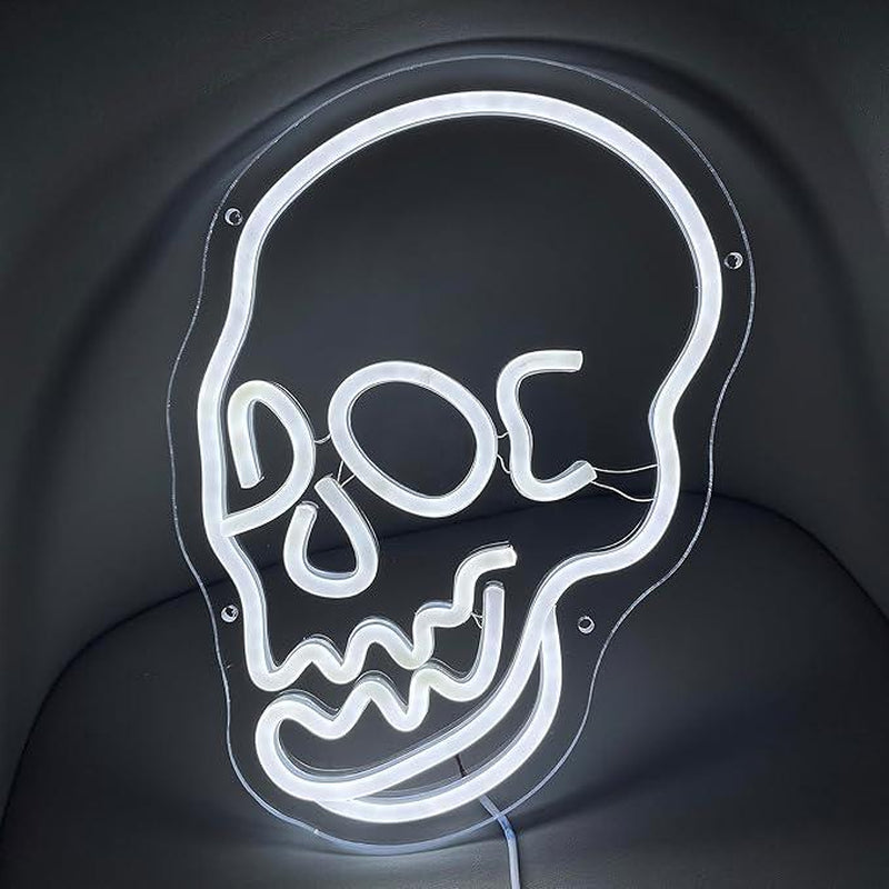 Skeleton Skull Led Neon Sign White Neon Light Ghost Led Sign USB Powered Switch Light up Sign Neon Signs for Wall Decor Bedroom Halloween Birthday Party Supply(White)