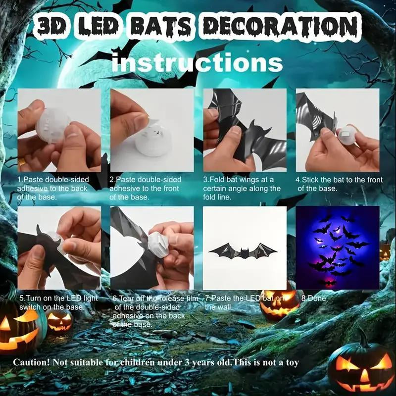 Bougerv 3D Bat Design LED Decorations 12Pcs/24Pcs Set Spooky Ornaments for Home Party Festival Halloween Easy Install Wall Stickers Smooth Application - Decorative
