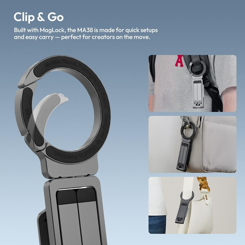 ULANZI Magnetic Phone Tripod for Iphone, MA38 Portable Phone Holder Mini Tripod for Magsafe with Double-Sided Strong Magnetic 1/4'' Arri Locating Hole Foldable Hook for Iphone 16 15 14 13 12