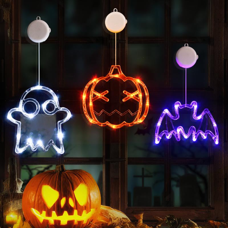 Lolstar Halloween Decorations 2025 3-Pack Orange Pumpkin White Ghost Purple Bat Window Lights with Suction Cups, Battery Operated Halloween Lights Window Decorations Slow Fade Mode and Timer Function