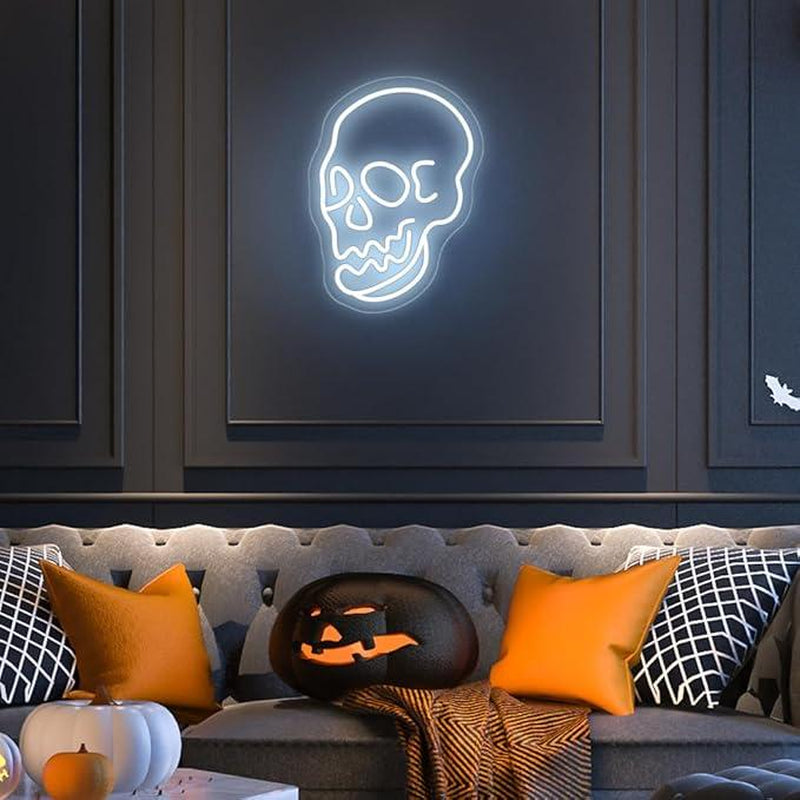 Skeleton Skull Led Neon Sign White Neon Light Ghost Led Sign USB Powered Switch Light up Sign Neon Signs for Wall Decor Bedroom Halloween Birthday Party Supply(White)
