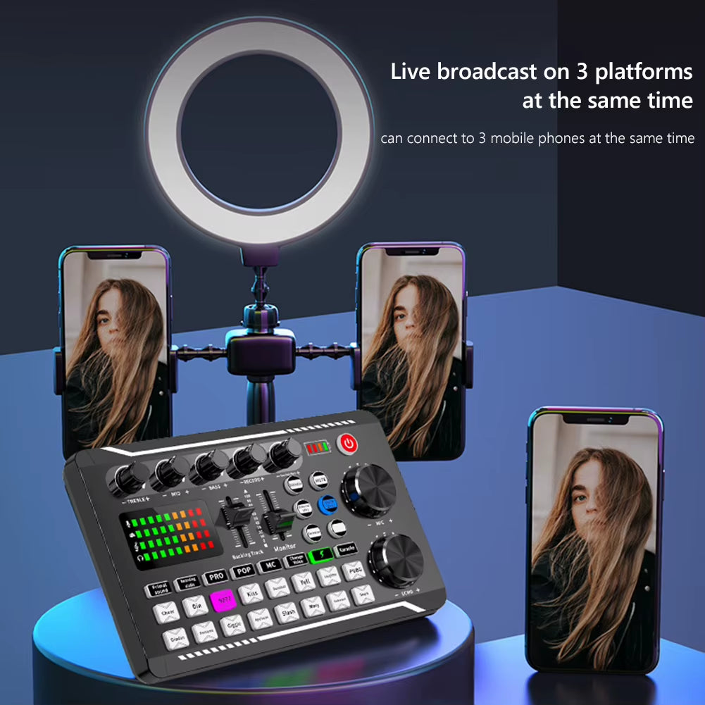 F998 Multifunctional Tuning Sound Card Microphone Mixer Kit Audio Recording Mixer Audio Mixing Console Amplifier for Phone PC