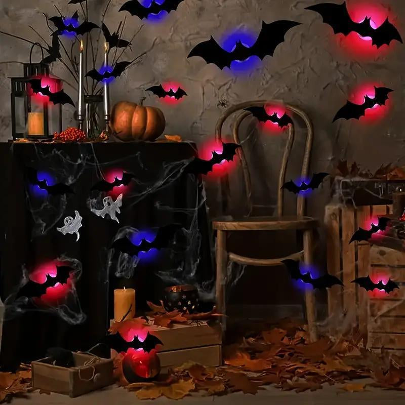 Bougerv 3D Bat Design LED Decorations 12Pcs/24Pcs Set Spooky Ornaments for Home Party Festival Halloween Easy Install Wall Stickers Smooth Application - Decorative