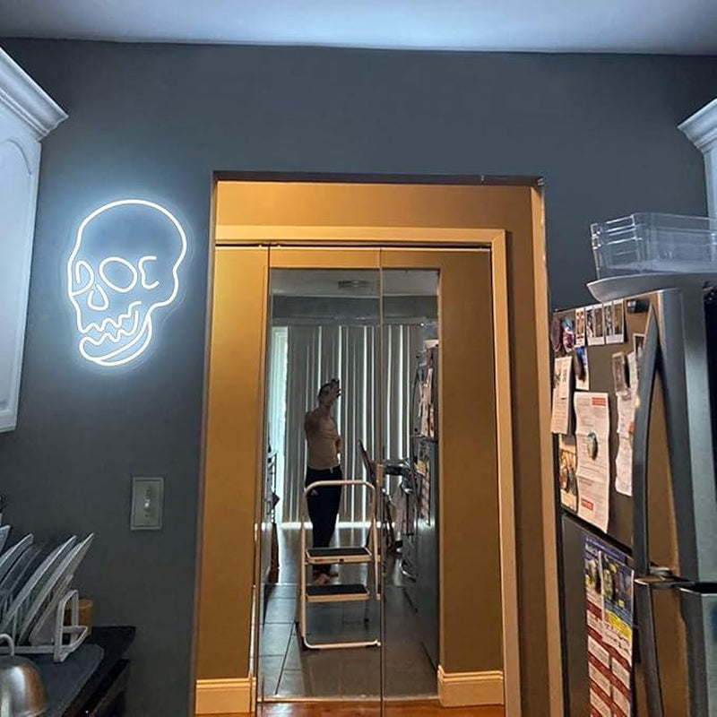 Skeleton Skull Led Neon Sign White Neon Light Ghost Led Sign USB Powered Switch Light up Sign Neon Signs for Wall Decor Bedroom Halloween Birthday Party Supply(White)