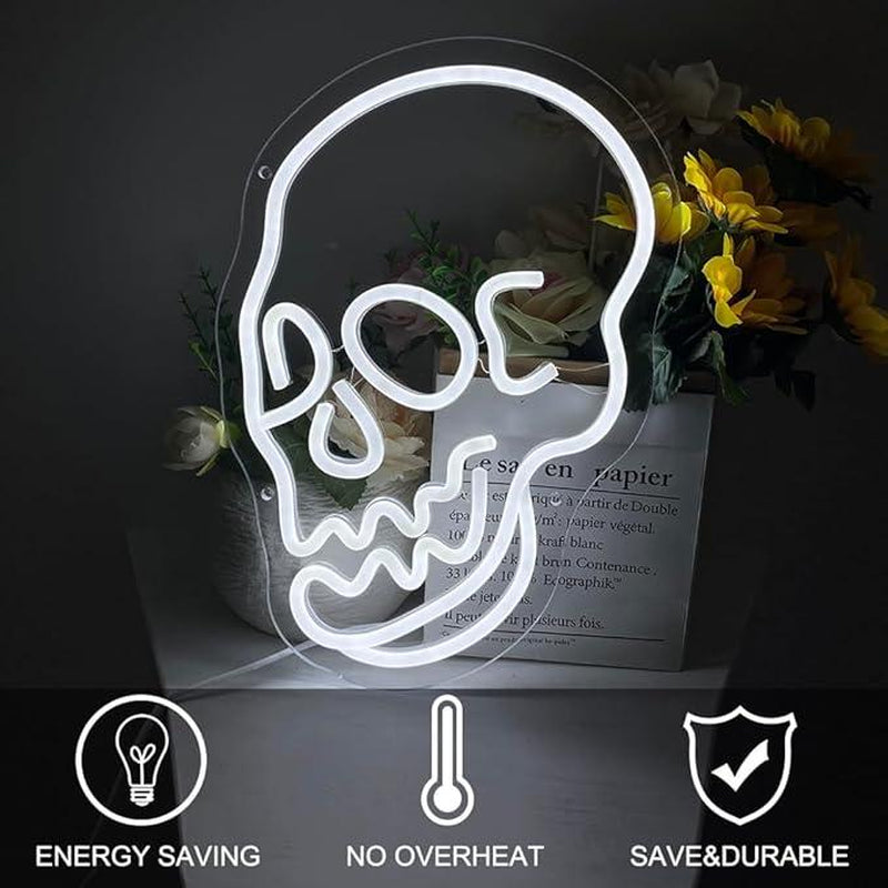 Skeleton Skull Led Neon Sign White Neon Light Ghost Led Sign USB Powered Switch Light up Sign Neon Signs for Wall Decor Bedroom Halloween Birthday Party Supply(White)