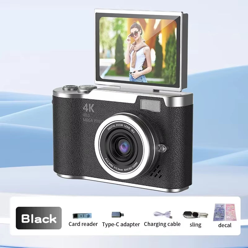 4K CCD Digital Camera for Student 48MP Compact Digital Photography Camera 180°Flip Screen Selfile Camera for Kid Adult Beginners