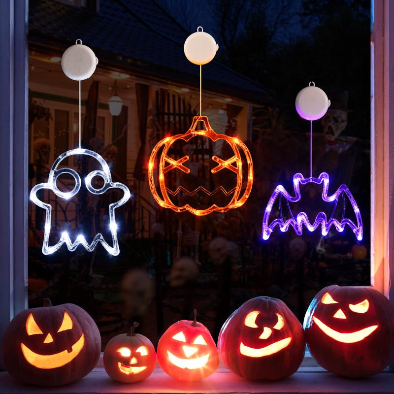 Lolstar Halloween Decorations 2025 3-Pack Orange Pumpkin White Ghost Purple Bat Window Lights with Suction Cups, Battery Operated Halloween Lights Window Decorations Slow Fade Mode and Timer Function