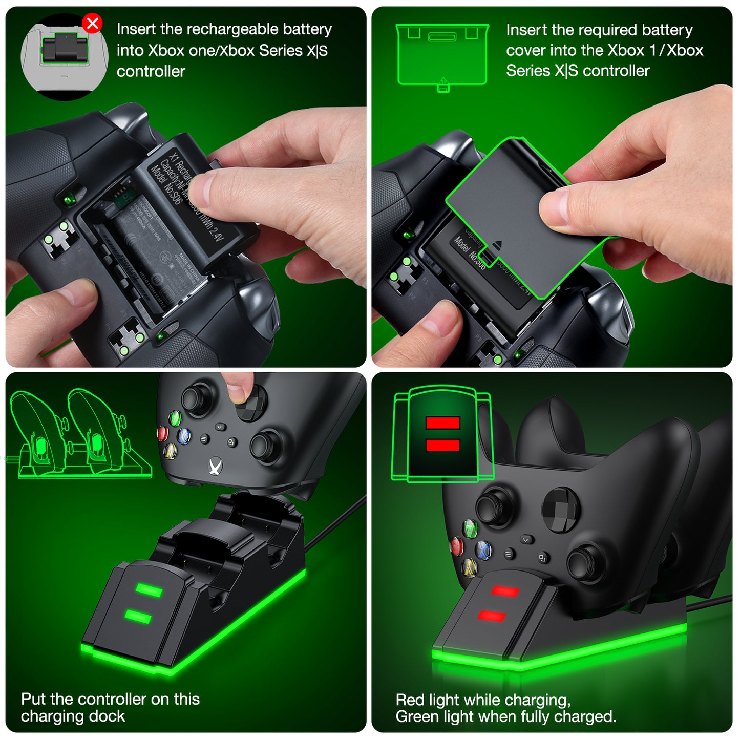Xbox Charging Station with 2 X 1200Mah(3600Mwh)Rechargeable Battery Pack for Xbox Series X|S/Xbox One/Xbox One S/X/Elite Controller, Black, S06