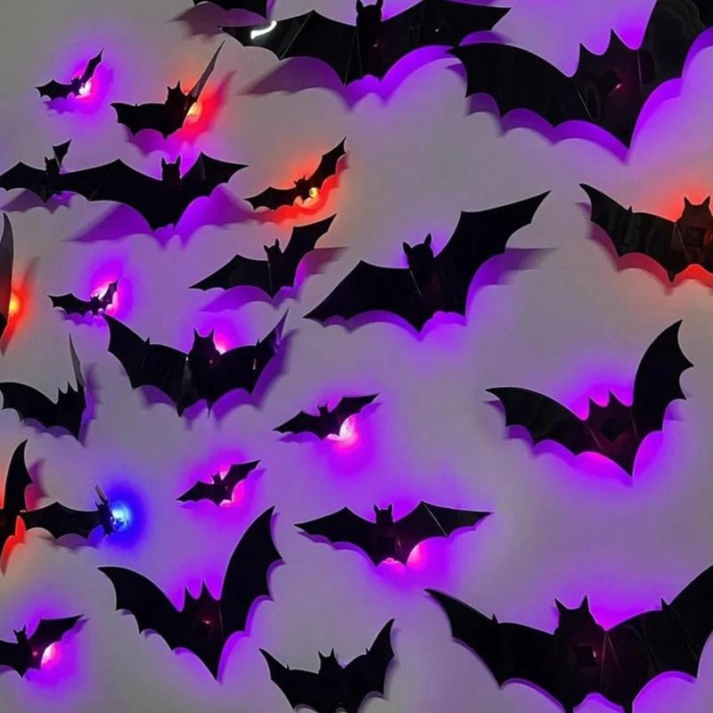 Bougerv 3D Bat Design LED Decorations 12Pcs/24Pcs Set Spooky Ornaments for Home Party Festival Halloween Easy Install Wall Stickers Smooth Application - Decorative