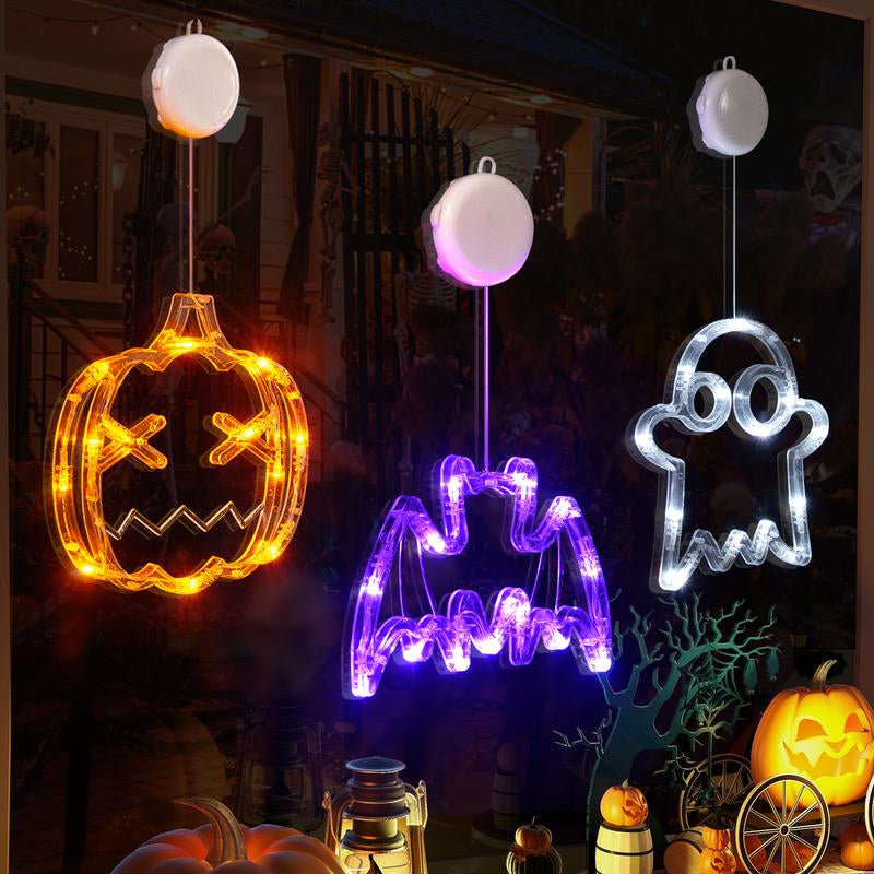 Lolstar Halloween Decorations 2025 3-Pack Orange Pumpkin White Ghost Purple Bat Window Lights with Suction Cups, Battery Operated Halloween Lights Window Decorations Slow Fade Mode and Timer Function