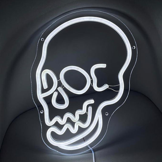 Skeleton Skull Led Neon Sign White Neon Light Ghost Led Sign USB Powered Switch Light up Sign Neon Signs for Wall Decor Bedroom Halloween Birthday Party Supply(White)