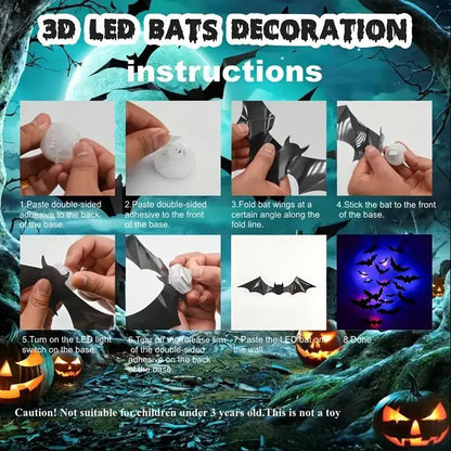 Bougerv 3D Bat Design LED Decorations 12Pcs/24Pcs Set Spooky Ornaments for Home Party Festival Halloween Easy Install Wall Stickers Smooth Application - Decorative