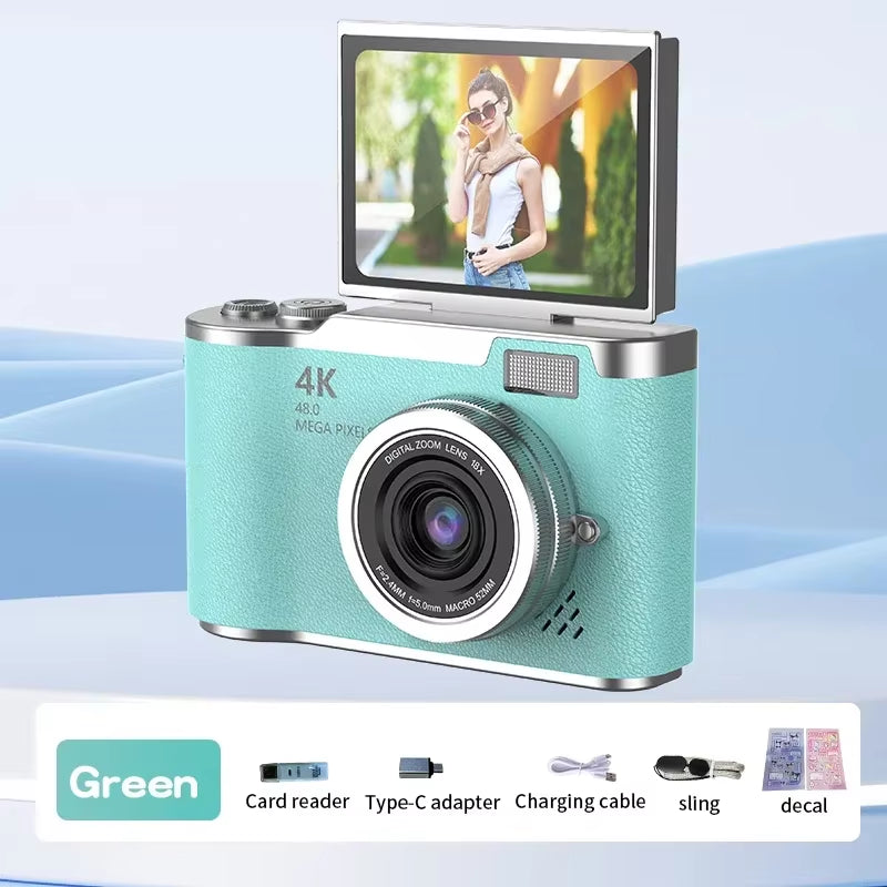 4K CCD Digital Camera for Student 48MP Compact Digital Photography Camera 180°Flip Screen Selfile Camera for Kid Adult Beginners