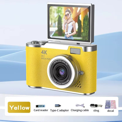 4K CCD Digital Camera for Student 48MP Compact Digital Photography Camera 180°Flip Screen Selfile Camera for Kid Adult Beginners