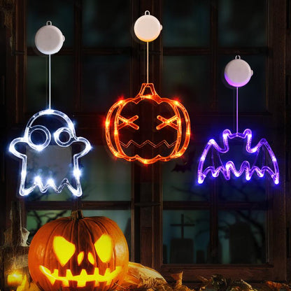 Lolstar Halloween Decorations 2025 3-Pack Orange Pumpkin White Ghost Purple Bat Window Lights with Suction Cups, Battery Operated Halloween Lights Window Decorations Slow Fade Mode and Timer Function
