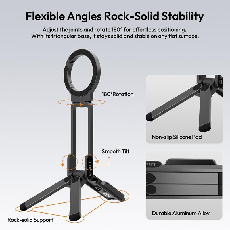 ULANZI Magnetic Phone Tripod for Iphone, MA38 Portable Phone Holder Mini Tripod for Magsafe with Double-Sided Strong Magnetic 1/4'' Arri Locating Hole Foldable Hook for Iphone 16 15 14 13 12